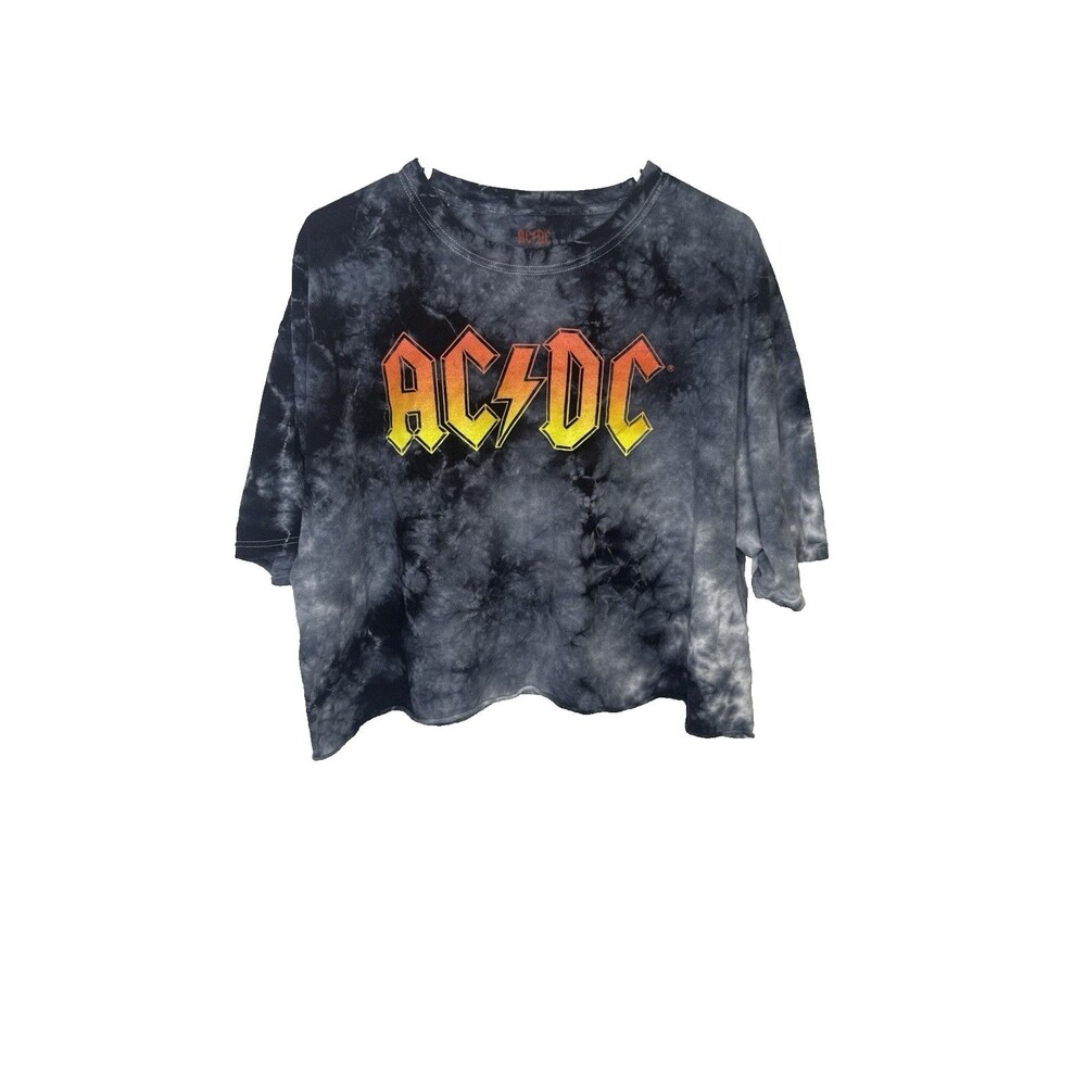 ACDC Vintage Logo Graphic Cropped T Shirt Black Acid Wash Womens Size XL ACDC